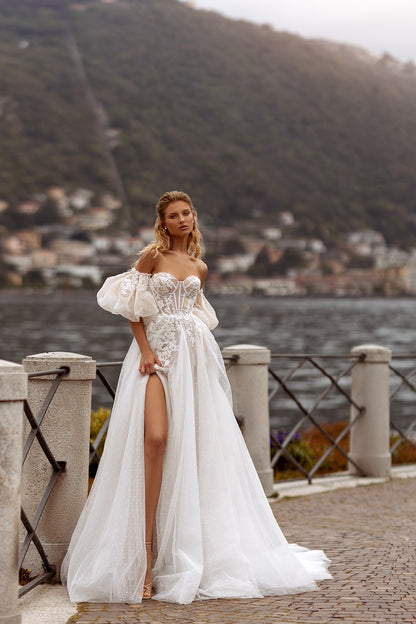 Off-Shoulder Removable Sleeve Lace Embroidered Corset A-Line Wedding Dress  
