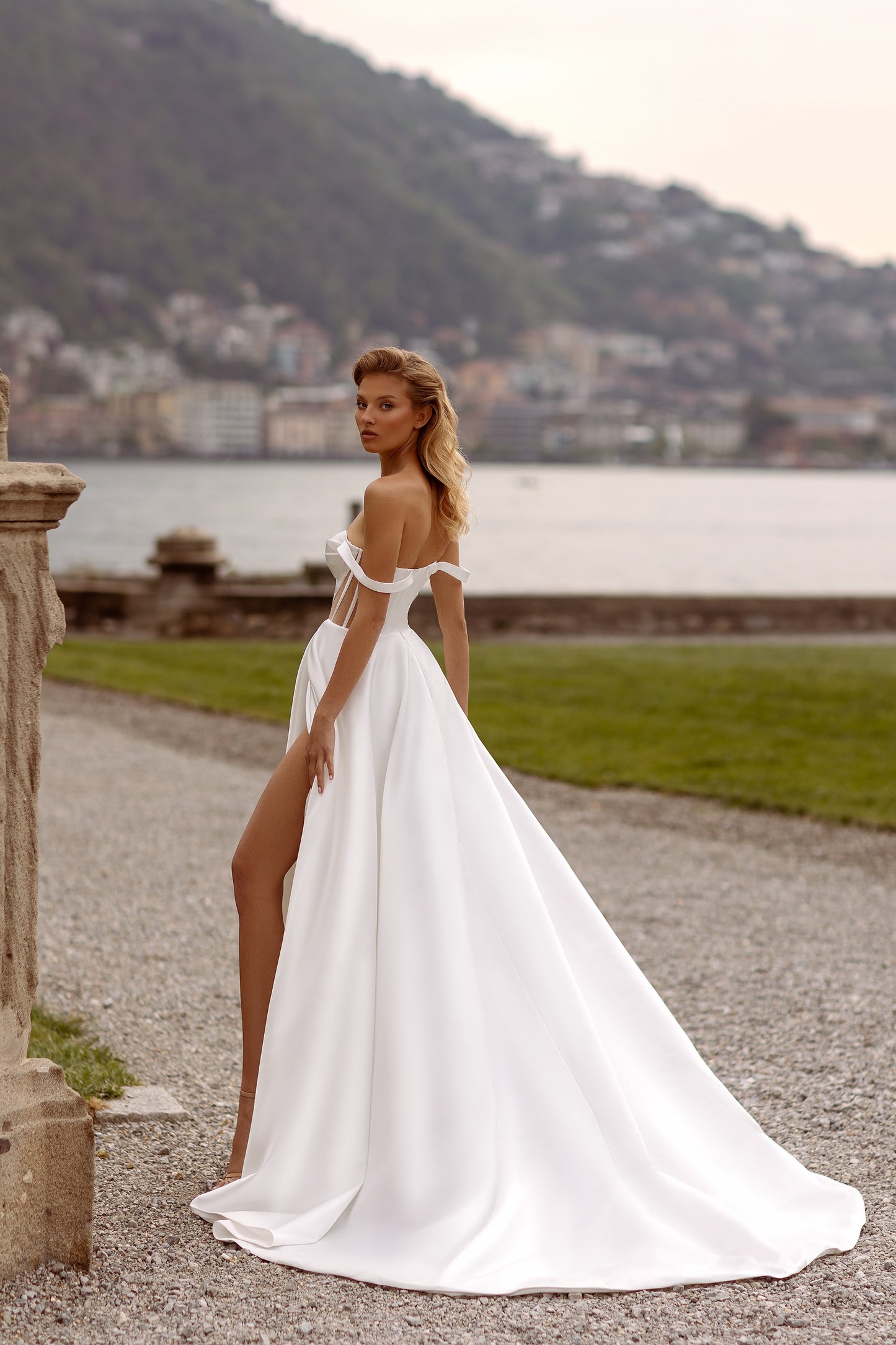 Satin Off-Shoulder A-Line Corset Wedding Dress With Train  