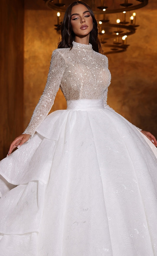 Shimmery High Neck Long Sleeve Wedding Dress With Detachable Ball Gown Skirt  