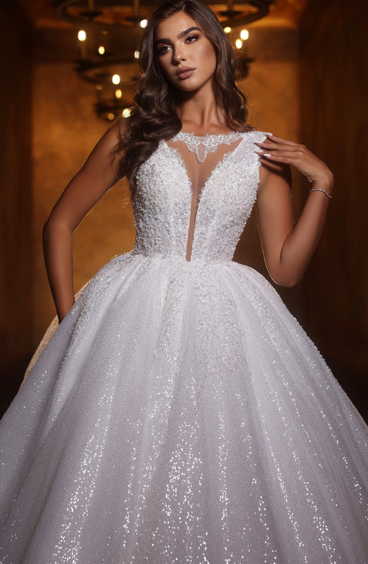 Romantic Sequinn Decorated Sleeveless V-Neck Ball Gown Wedding Dress With Train  