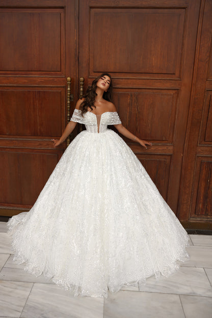 Off-Shoulder V-Neck Embroidered Sequinn Glittery Corset Ball Gown Bridal Dress  