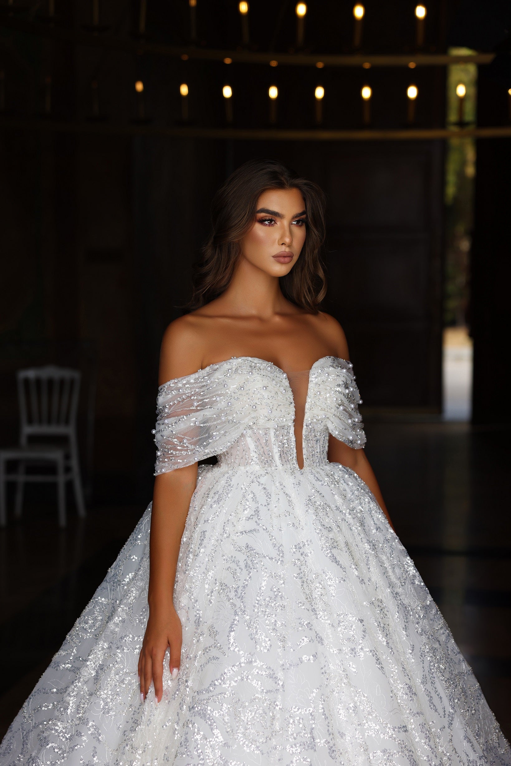 Off-Shoulder V-Neck Embroidered Sequinn Glittery Corset Ball Gown Bridal Dress  
