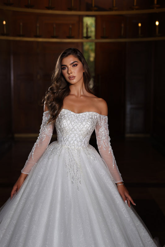 Off-Shoulder Long Sleeve Glittery Ball Gown Wedding Dress With Train  