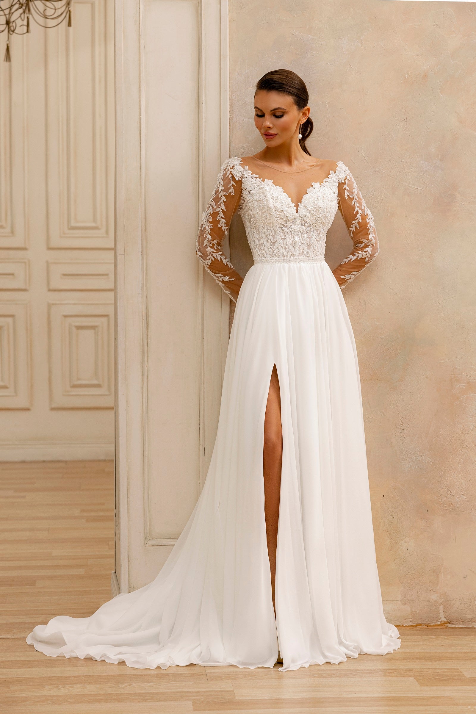 Floral Embroidered Bodice with Long Sleeves A-Line Wedding Dress With Train  