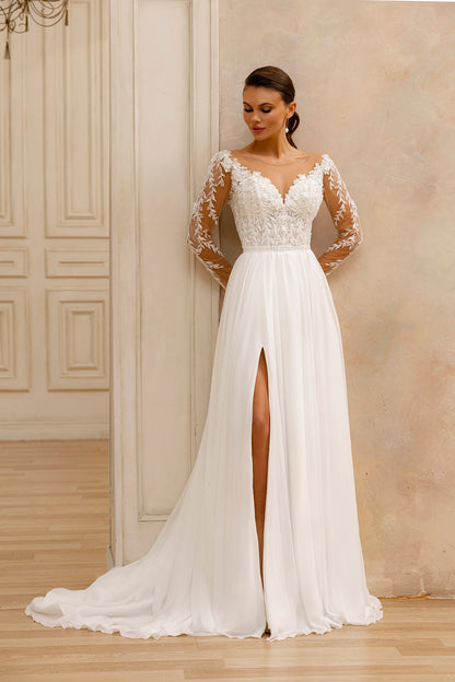 Floral Embroidered Bodice with Long Sleeves A-Line Wedding Dress With Train  