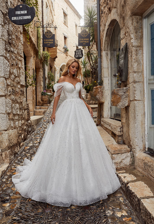 Feminine Off-Shoulder Shimmery A-Line Bridal Gown with Short Train  