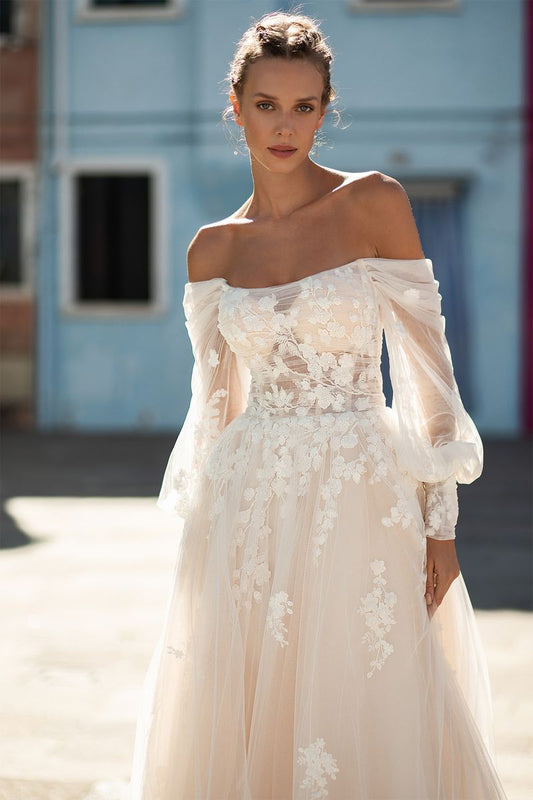 Romantic Ivory Floral Embroidered Off-Shoulder Long Sleeve A-Line Wedding Dress with Train  