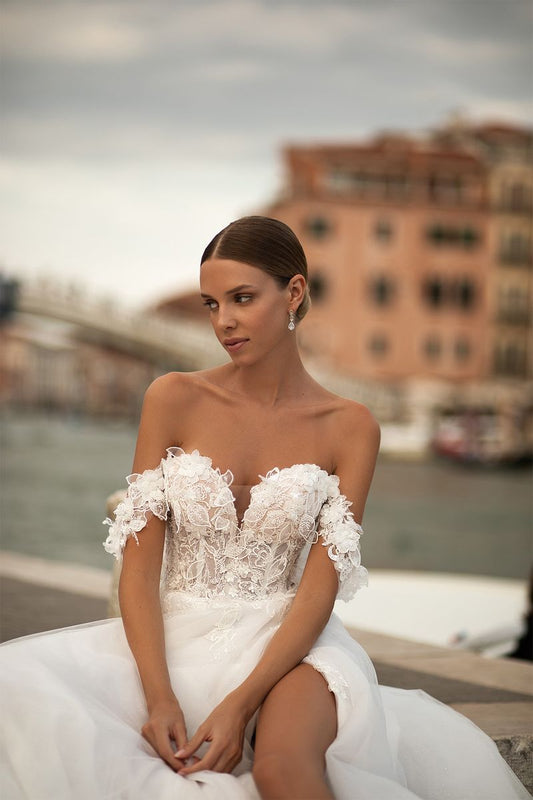 Romantic Floral Off-Shoulder Embroidered Corset A-Line Wedding Dress with Train