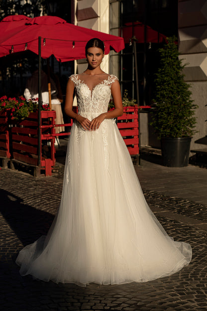 Short Sleeve Embroidered Lace Corset A-Line Tulle Wedding Dress With Train  