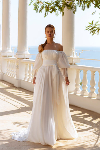 Off-Shoulder Long Sleeve Fitted Waist A-Line Wedding Dress With Train  