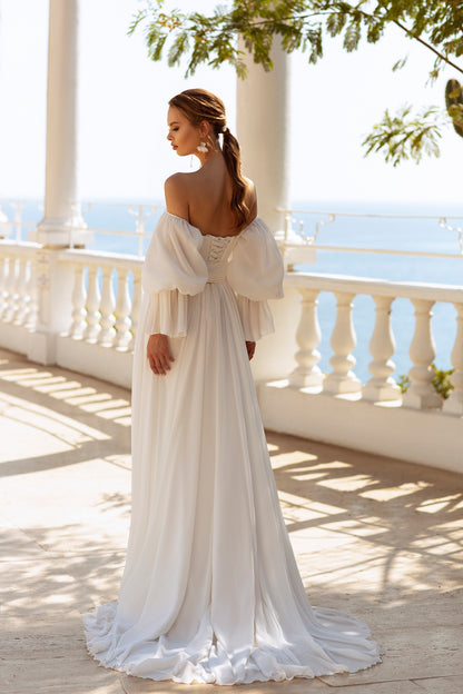 Off-Shoulder Long Sleeve Fitted Waist A-Line Wedding Dress With Train  