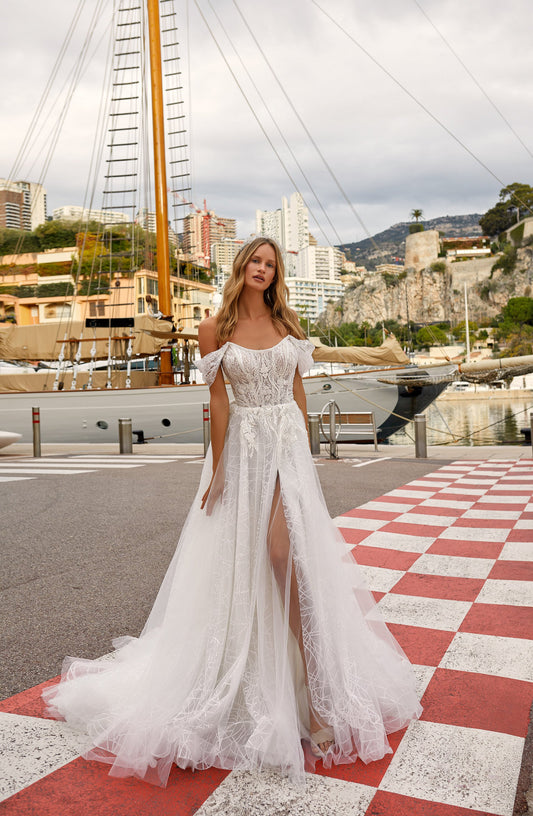 Off-Shoulder Floral Embroidered A-Line Corset Wedding Dress with Train  