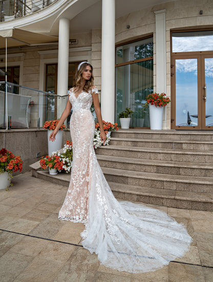 Romantic and Feminine Ivory Floral Embroidered Off-Shoulder Godet Bridal Dress With Lace and Train  