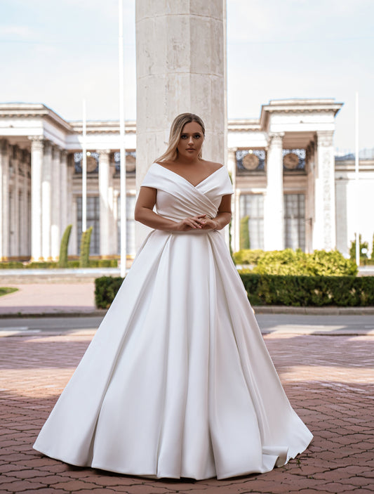 Off Shoulder Elegant Simple Plus Size Bridal Gown with Long Train  