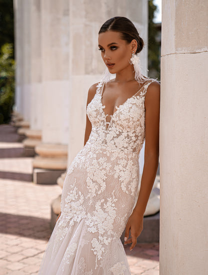 Romantic And Feminine Ivory Floral Embroidered Sleeveless V-Neck Mermaid Bridal Gown With Train  