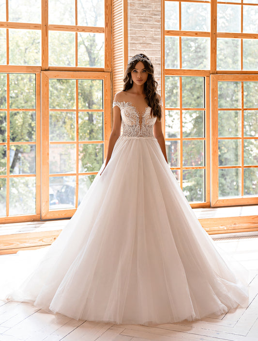 Princess Style A-Line Floral Embroidered Wedding Dress With Train  