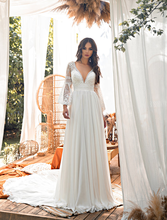 Romantic V-Neck Lace Long Sleeve Backless A-Line Boho Bridal Gown With Train  
