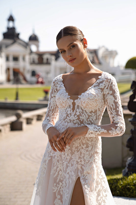 Ivory V-Neck Floral Embroidered Lace Wedding Dress with Long Illusion Sleeves and Train  