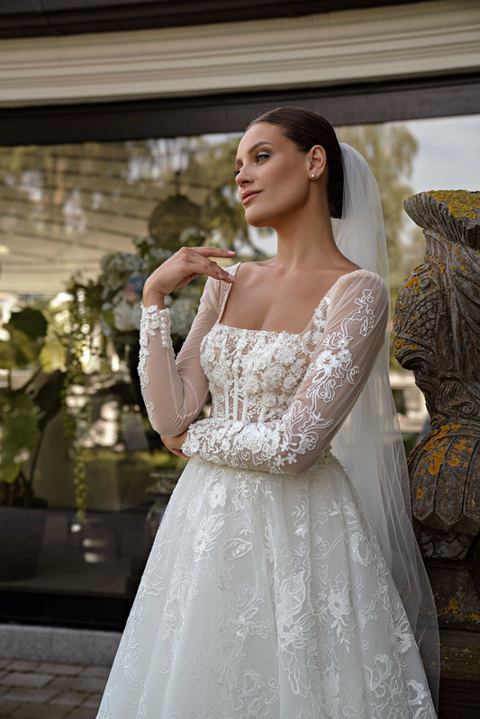 Romantic Floral Embroidered Long Sleeve A-Line Straight Across Corset Wedding Dress with Train  