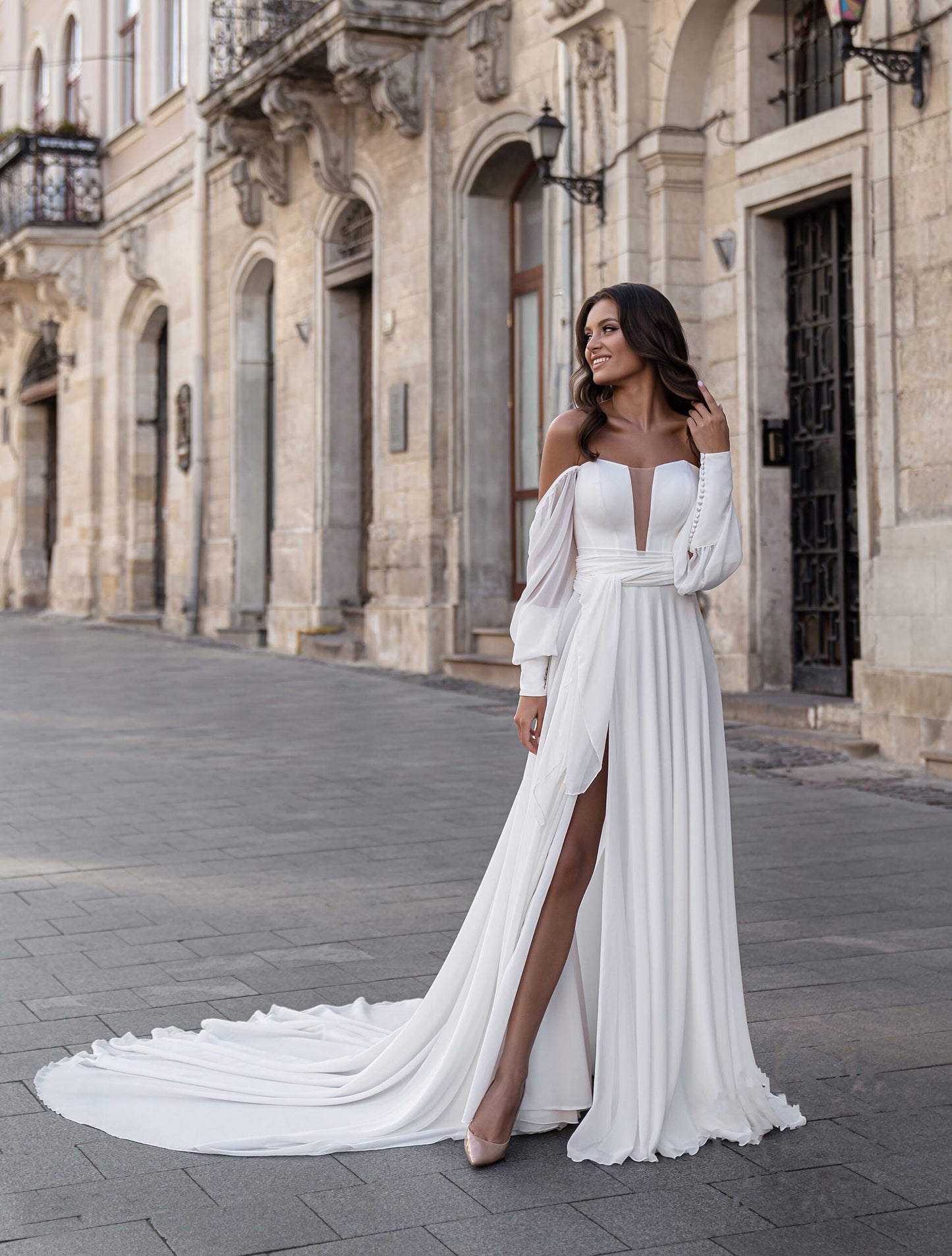 Simly Elegant Off-Shoulder Long-Sleeve A-Line Wedding Dress With Long Train  