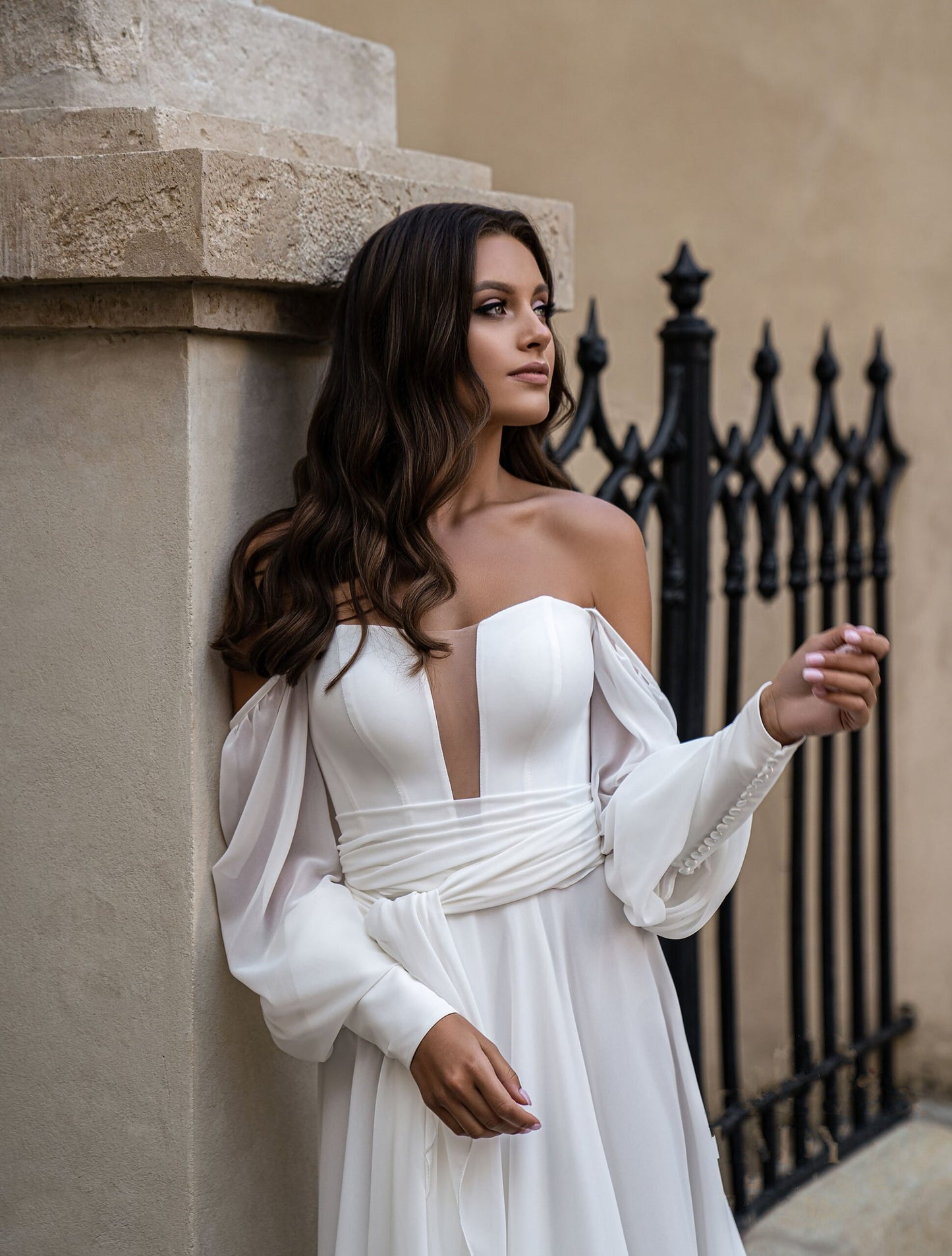 Simly Elegant Off-Shoulder Long-Sleeve A-Line Wedding Dress With Long Train  