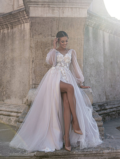 Off-White Floral Embroidered Long-Sleeve Corset A-Line Wedding Dress With Train  
