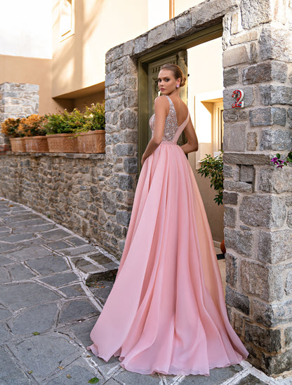 Pink Embroidered Sleeveless Maxi A-Line Bridesmaid Dress  