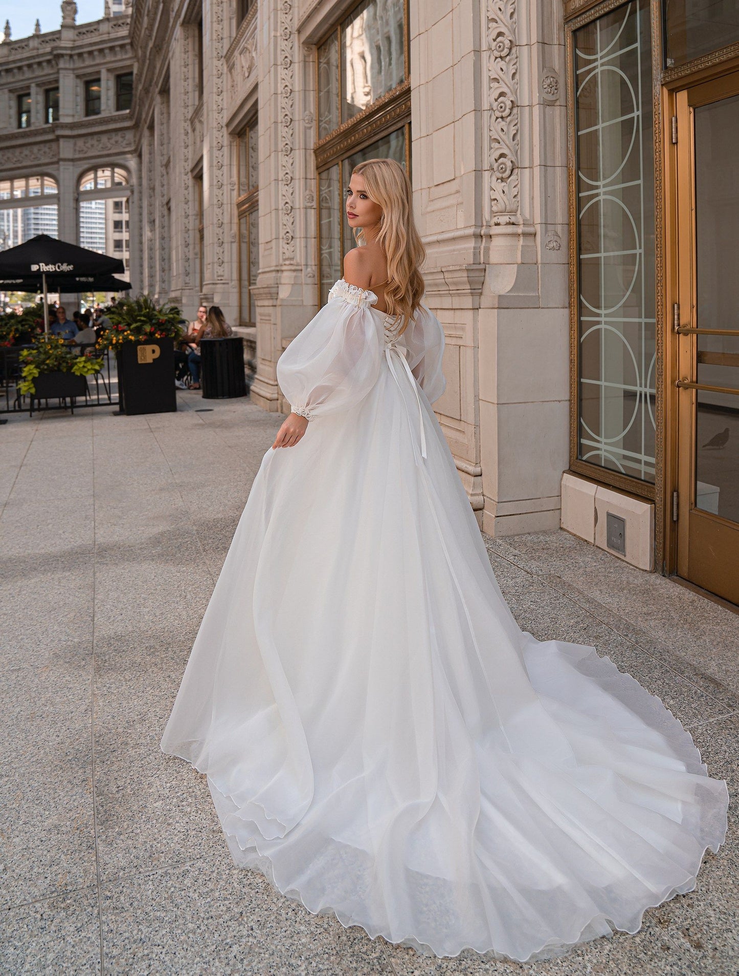 Semi-Sweetheart Off-Shoulder Puffy Long-Sleeve Wedding Dress  