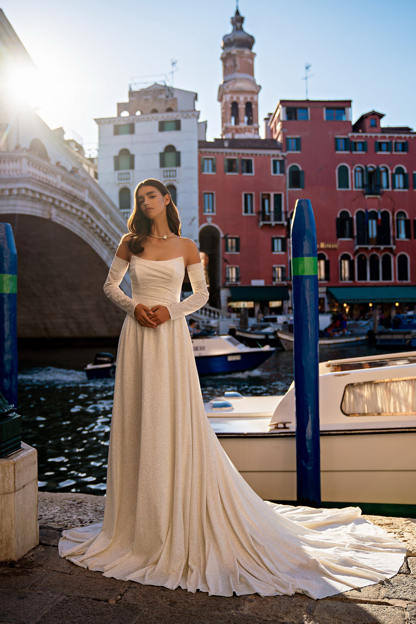 Removable Long-Sleeve A-Line Wedding Dress With Train  