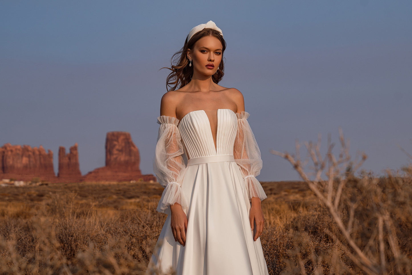 Off-Shoulder Puffy Long-Sleeve Peasant-Back A-Line Corset Wedding Dress  