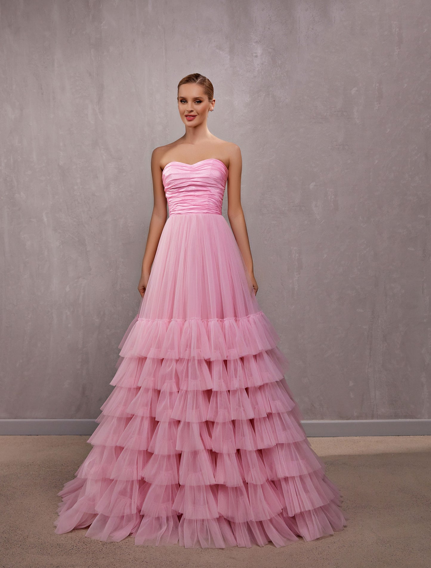 Pink Tulle Maxi Sleeveless A-Line Ruffle Prom Dress Pink 