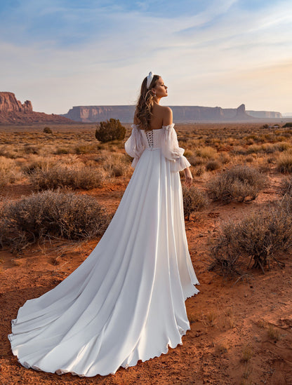 Off-Shoulder Puffy Long-Sleeve Peasant-Back A-Line Corset Wedding Dress  
