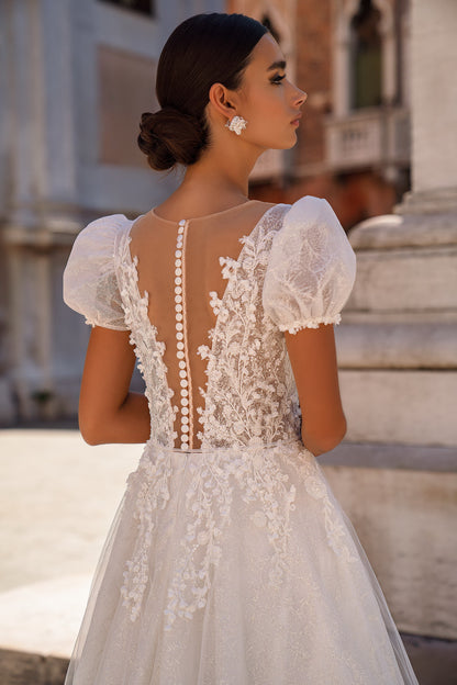 Short Puffy-Sleeve A-Line Wedding Dress  