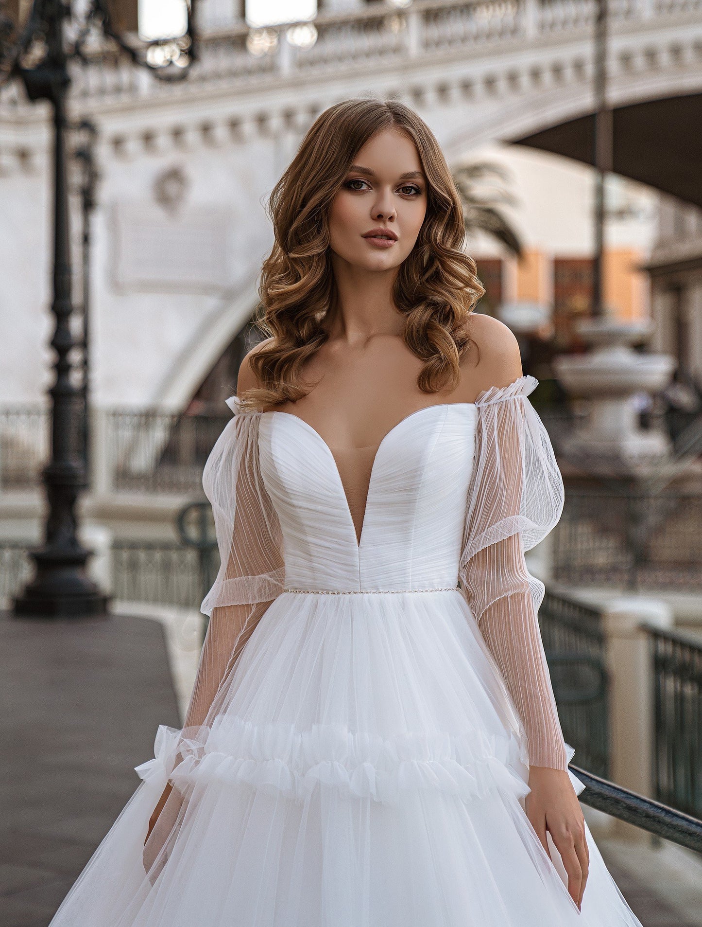 Ruffle A-Line Long-Sleeve Wedding Dress  