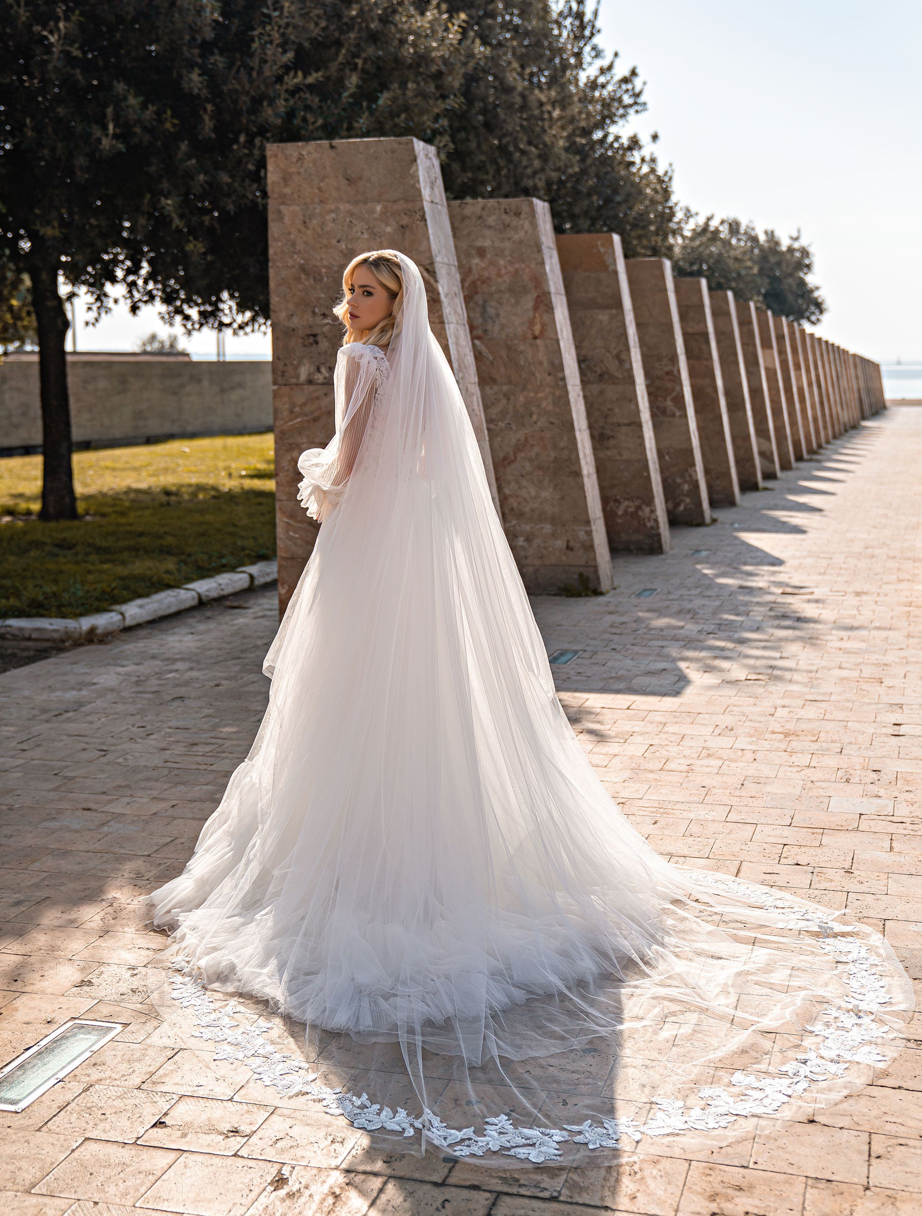 Poet Puffy Long-Sleeve Ruffled A-Line Wedding Dress with Veil  