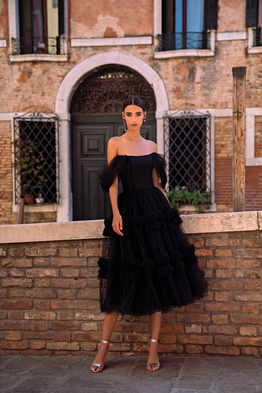 Off-Shoulder A-Line Ruffle Special Occasion Dress Black 