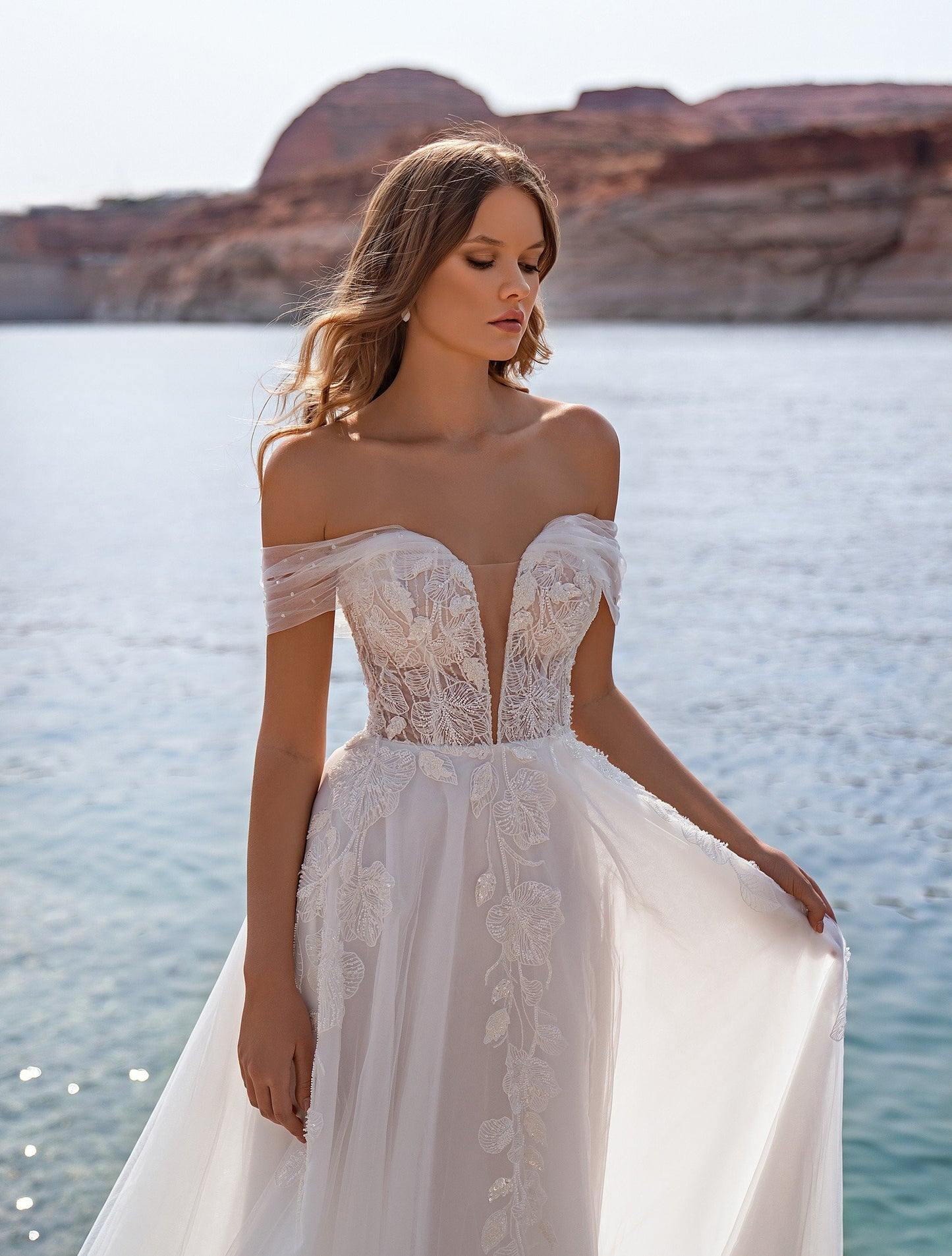 Off-Shoulder Embroidered A-Line Corset Wedding Dress  