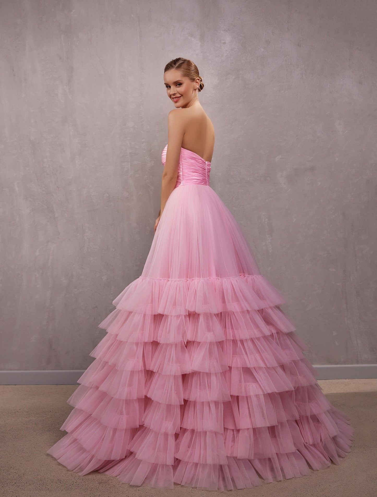 Pink Tulle Maxi Sleeveless A-Line Ruffle Prom Dress  
