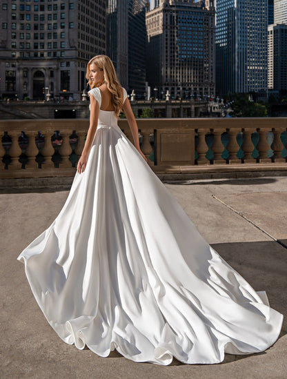 Short-Sleeve Simple A-Line Corset Wedding Dress  