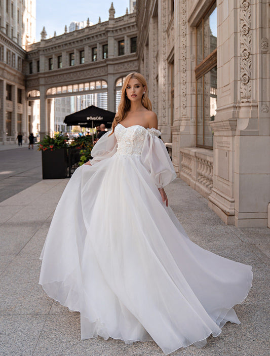Semi-Sweetheart Off-Shoulder Puffy Long-Sleeve Wedding Dress  